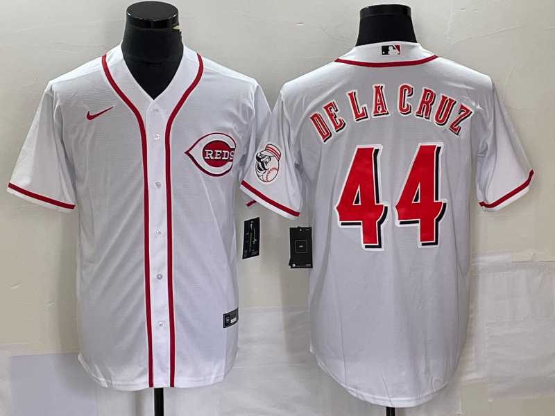 Men%27s Cincinnati Reds #44 Elly De La Cruz White With Patch Cool Base Stitched Baseball Jersey